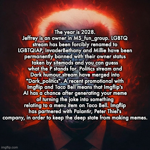 Part 2 | The year is 2028. Jeffrey is an owner in MS_fun_group. LGBTQ stream has been forcibly renamed to LGBTQIAP, InvaderBethany and Millie have been permanently banned with their owner status taken by sitemods and you can guess what the P stands for. Politics stream and Dark humour stream have merged into "Dark_politics". A recent promotional with Imgflip and Taco Bell means that Imgflip's AI has a chance after generating your meme of turning the joke into something relating to a menu item on Taco Bell. Imgflip has partnered with Palantir, Peter Thiel's company, in order to keep the deep state from making memes. | image tagged in how white people look at you after they lose their marbles | made w/ Imgflip meme maker
