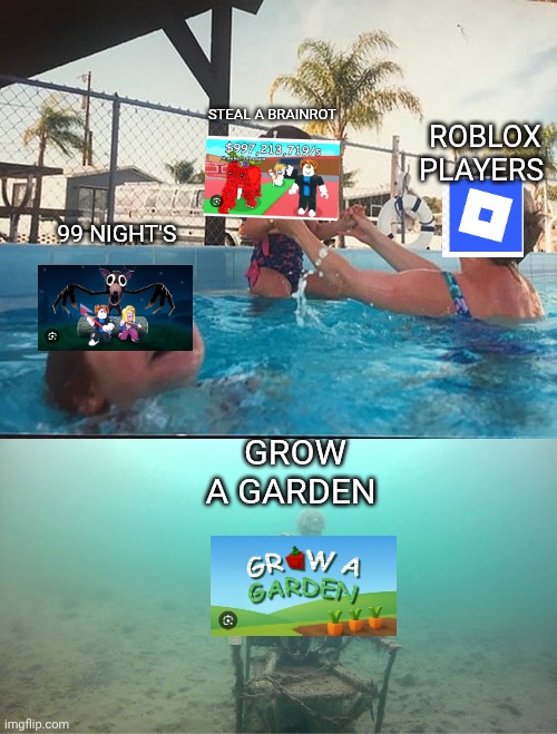 Bro Roblox gotta Lock in bruhh | STEAL A BRAINROT; ROBLOX PLAYERS; 99 NIGHT'S; GROW A GARDEN | image tagged in mother ignoring kid drowning in a pool | made w/ Imgflip meme maker