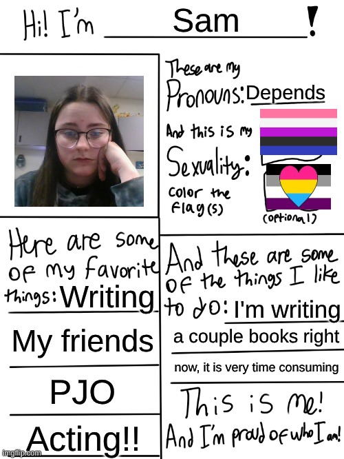 Guess I'm in Math right now, I'm SOOOOOOOOOOOOOOOOO bored | Sam; Depends; Writing; I'm writing; My friends; a couple books right; now, it is very time consuming; PJO; Acting!! | image tagged in lgbtq stream account profile,face reveal | made w/ Imgflip meme maker