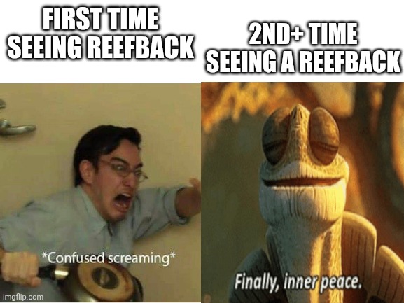 Subnautica | 2ND+ TIME SEEING A REEFBACK; FIRST TIME SEEING REEFBACK | image tagged in blank white template | made w/ Imgflip meme maker