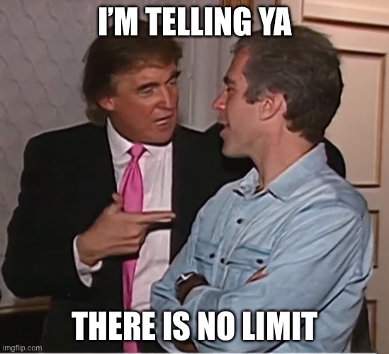 No limit | I’M TELLING YA; THERE IS NO LIMIT | image tagged in trump epstein party | made w/ Imgflip meme maker