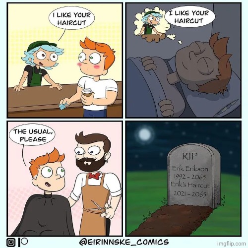 R.I.P. haircut | image tagged in rip,rest in peace,haircut,barber,comics,comics/cartoons | made w/ Imgflip meme maker