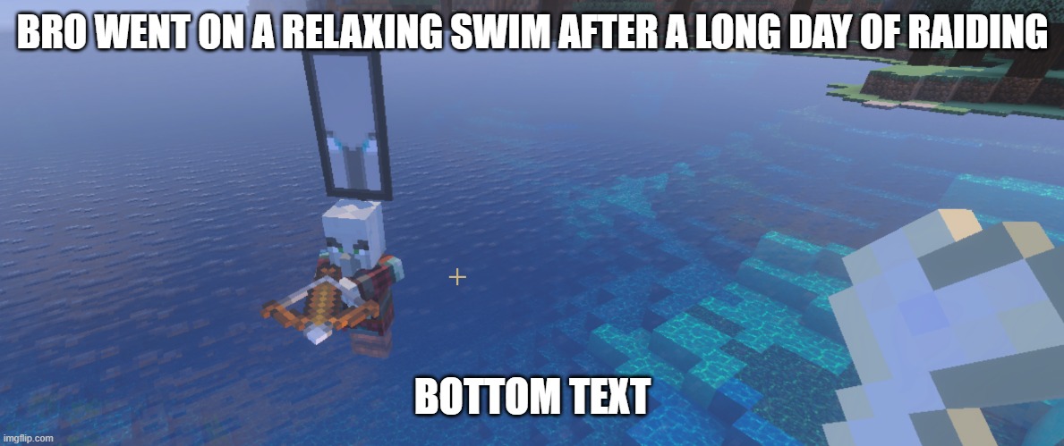 Pillager That Is An Illager Captain | BRO WENT ON A RELAXING SWIM AFTER A LONG DAY OF RAIDING; BOTTOM TEXT | image tagged in pillager that is an illager captain | made w/ Imgflip meme maker