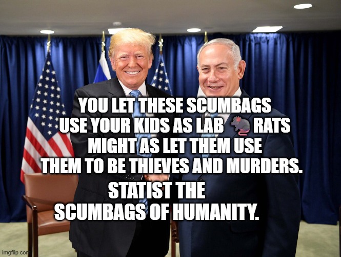 trump-bibi-diderot | YOU LET THESE SCUMBAGS USE YOUR KIDS AS LAB 🐀RATS MIGHT AS LET THEM USE THEM TO BE THIEVES AND MURDERS. STATIST THE SCUMBAGS OF HUMANITY. | image tagged in trump-bibi-diderot | made w/ Imgflip meme maker
