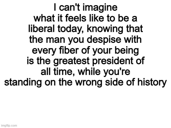 Must be tough... | I can't imagine what it feels like to be a liberal today, knowing that the man you despise with every fiber of your being is the greatest president of all time, while you're standing on the wrong side of history | image tagged in memes,funny,left,politics,political meme,left wing | made w/ Imgflip meme maker
