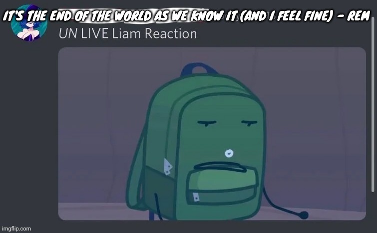 UN LIVE Liam reaction | IT'S THE END OF THE WORLD AS WE KNOW IT (AND I FEEL FINE) - REM | image tagged in un live liam reaction | made w/ Imgflip meme maker