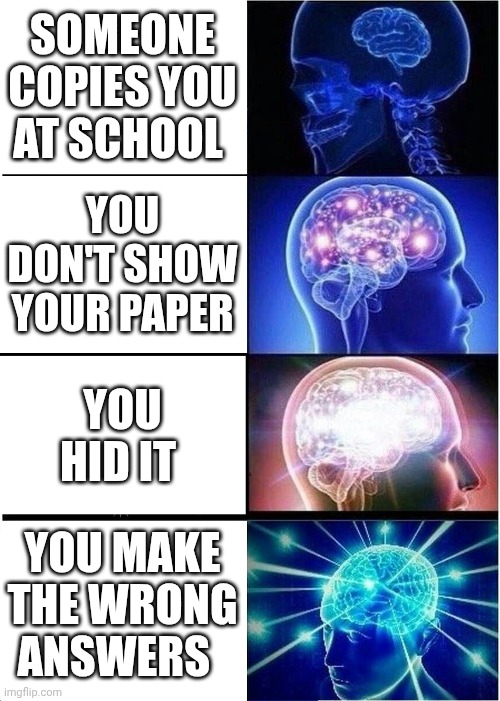 Expanding Brain | SOMEONE COPIES YOU AT SCHOOL; YOU DON'T SHOW YOUR PAPER; YOU HID IT; YOU MAKE THE WRONG ANSWERS | image tagged in memes,expanding brain | made w/ Imgflip meme maker