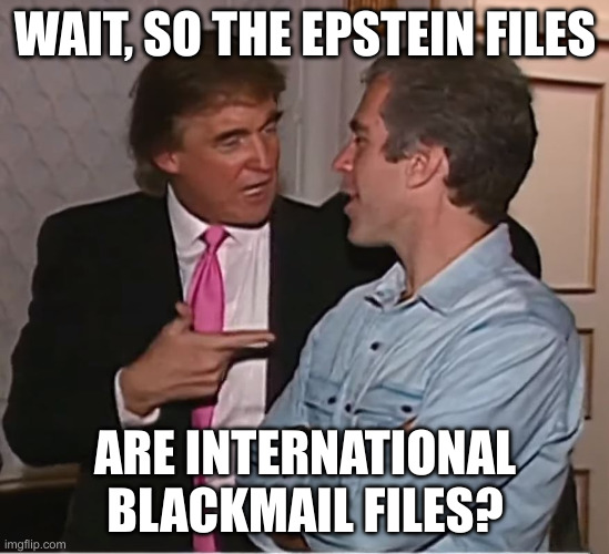One nation, under blackmail?  Who knows? ? | WAIT, SO THE EPSTEIN FILES; ARE INTERNATIONAL BLACKMAIL FILES? | image tagged in trump epstein party | made w/ Imgflip meme maker