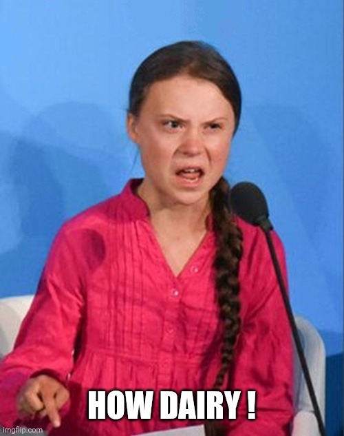 HOW DAIRY ! | image tagged in greta thunberg how dare you | made w/ Imgflip meme maker