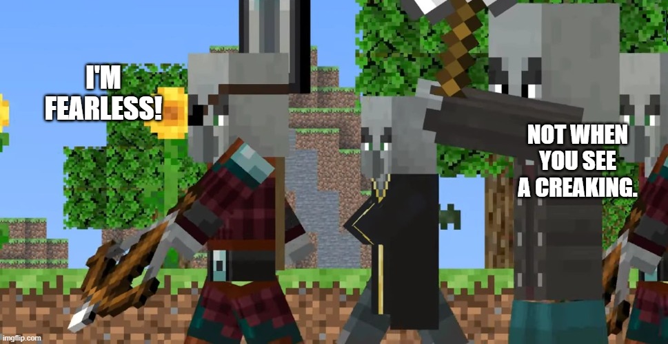 Pillager Patrol | I'M FEARLESS! NOT WHEN YOU SEE A CREAKING. | image tagged in pillager patrol | made w/ Imgflip meme maker