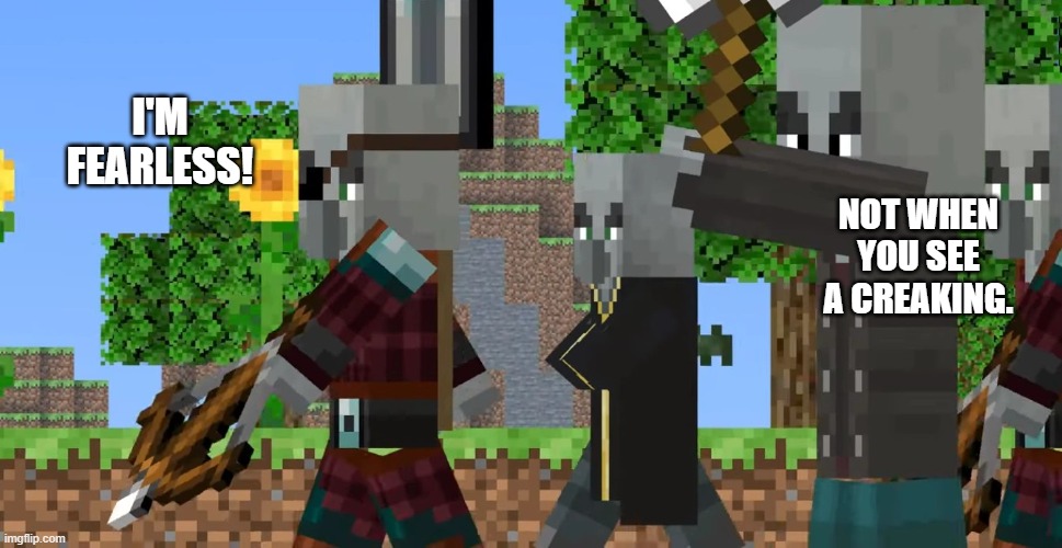 Pillager Patrol | I'M FEARLESS! NOT WHEN YOU SEE A CREAKING. | image tagged in pillager patrol | made w/ Imgflip meme maker