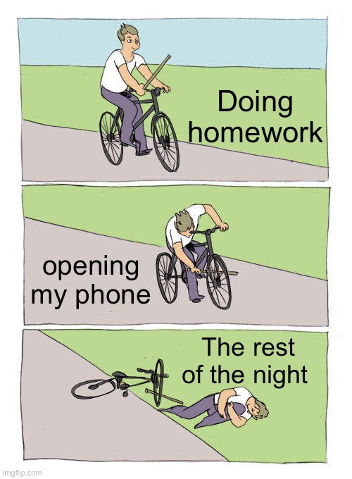 Bike Fall | Doing homework; opening my phone; The rest of the night | image tagged in memes,bike fall | made w/ Imgflip meme maker
