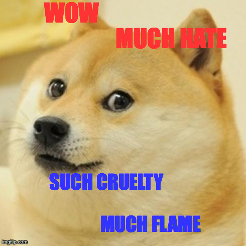 Doge Meme | WOW                                             MUCH HATE SUCH CRUELTY                                                   MUCH FLAME | image tagged in memes,doge | made w/ Imgflip meme maker