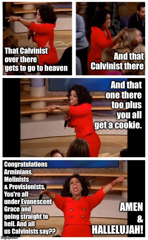 They Probably Do | That Calvinist over there gets to go to heaven; And that Calvinist there; And that one there too plus you all get a cookie. AMEN & HALLELUJAH! Congratulations Arminians, Molinists & Provisionists, You're all under Evanescent Grace and going straight to hell. And all us Calvinists say?? | image tagged in oprah you get a,calvinism,calvinist memes,anti calvinism reformed,arminian molinist provisionists,arrogance | made w/ Imgflip meme maker