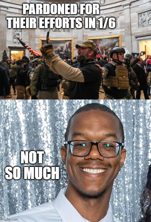Law enforcement officials say case highlights ongoing threat of politically motivated violence fueled by election misinformation | PARDONED FOR THEIR EFFORTS IN 1/6; NOT SO MUCH | image tagged in capitol riot 1/6 insurrection selfie militia terrorist,one of these things is not like the others,pardon,just sayin' | made w/ Imgflip meme maker
