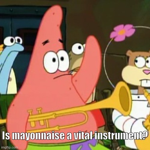 Gachiakuta be like: | Is mayonnaise a vital instrument? | image tagged in memes,no patrick | made w/ Imgflip meme maker