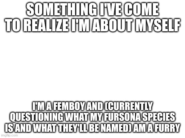 SOMETHING I'VE COME TO REALIZE I'M ABOUT MYSELF; I'M A FEMBOY AND (CURRENTLY QUESTIONING WHAT MY FURSONA SPECIES IS AND WHAT THEY'LL BE NAMED) AM A FURRY | made w/ Imgflip meme maker