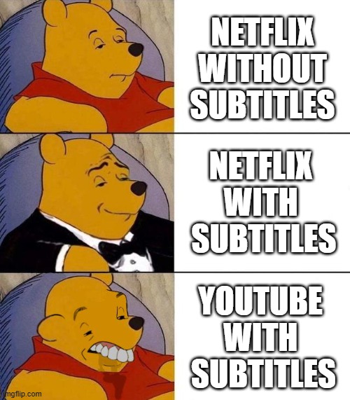 Best,Better, Blurst | NETFLIX WITHOUT SUBTITLES; NETFLIX 
WITH 
SUBTITLES; YOUTUBE 
WITH 
SUBTITLES | image tagged in best better blurst | made w/ Imgflip meme maker
