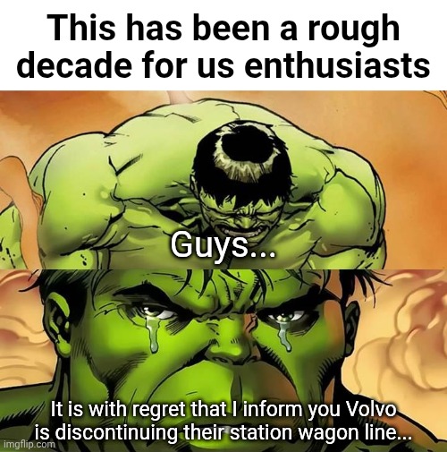 The automotive industry tends to be unforgiving at times | This has been a rough decade for us enthusiasts; Guys... It is with regret that I inform you Volvo is discontinuing their station wagon line... | image tagged in crying hulk,volvo,automotive,station wagons | made w/ Imgflip meme maker