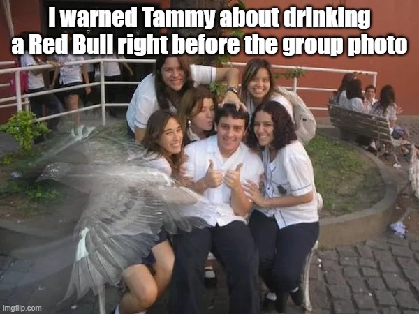 Gives You Wings | I warned Tammy about drinking a Red Bull right before the group photo | image tagged in red bull,wings,group photo | made w/ Imgflip meme maker