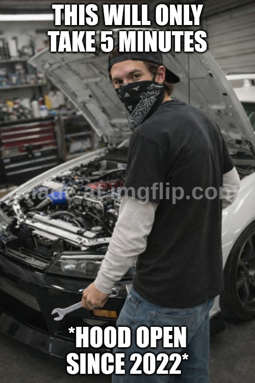 My first MSMG post!!!1 | THIS WILL ONLY TAKE 5 MINUTES; *HOOD OPEN SINCE 2022* | image tagged in white-sleeved alexander tuning a car | made w/ Imgflip meme maker