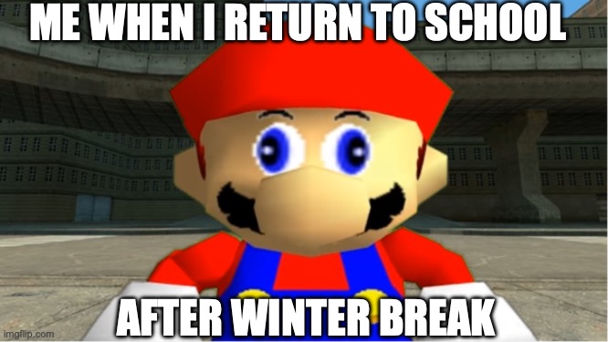 For SMG4 | ME WHEN I RETURN TO SCHOOL; AFTER WINTER BREAK | image tagged in smg4 mario derp reaction,smg4 | made w/ Imgflip meme maker