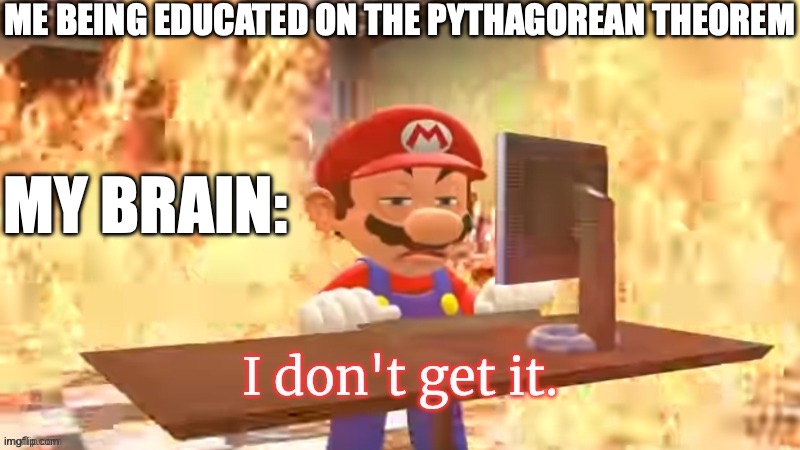 My brain tingles | ME BEING EDUCATED ON THE PYTHAGOREAN THEOREM; MY BRAIN: | image tagged in mario i don't get it,smg4 | made w/ Imgflip meme maker