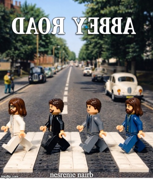 Retro Road | nesrenie nairb | image tagged in the beatles,abbey road,ai art,if you watch it backwards,lego art,brian einersen | made w/ Imgflip meme maker