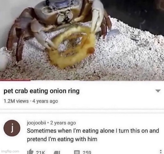same | pet crab eating onion ring

1.2M views 4 years ago

joojoobii 2 years ago

Sometimes when I'm eating alone I turn this on and pretend I'm eating with him

21K

259 | made w/ Imgflip meme maker