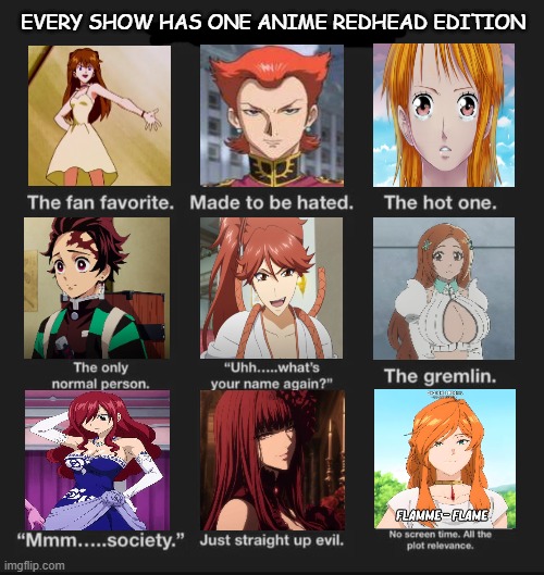 every show has one anime redhead edition | EVERY SHOW HAS ONE ANIME REDHEAD EDITION | image tagged in anime,redheads,every show has one,gingers,neon genesis evangelion,gundam | made w/ Imgflip meme maker