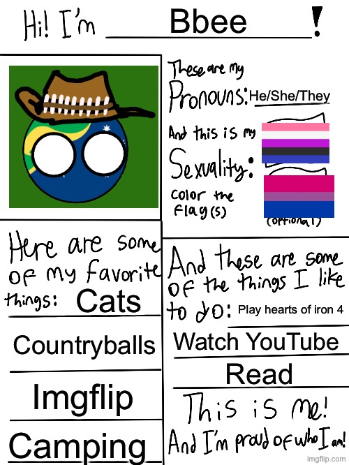I made this on 2 bars of wifi | Bbee; He/She/They; Cats; Play hearts of iron 4; Countryballs; Watch YouTube; Read; Imgflip; Camping | image tagged in lgbtq stream account profile | made w/ Imgflip meme maker
