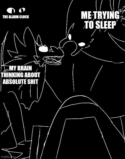 I swear to god that's so annoying | ME TRYING TO SLEEP; THE ALARM CLOCK; MY BRAIN THINKING ABOUT ABSOLUTE SHIT | image tagged in kaiju fight,brain,sleep,alarm clock,annoying | made w/ Imgflip meme maker