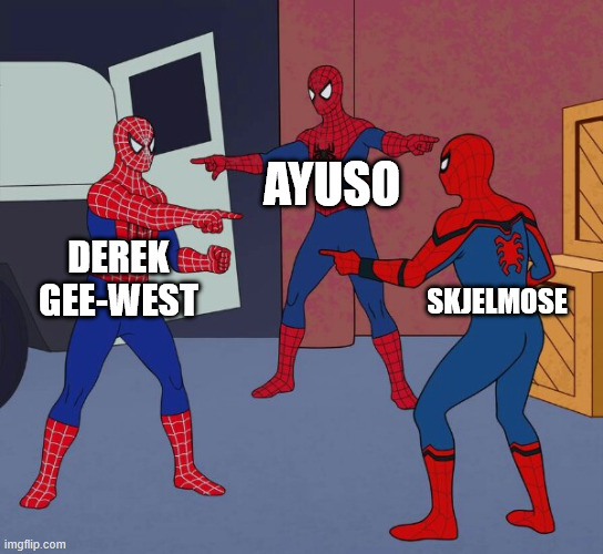 Spider Man Triple | AYUSO; DEREK GEE-WEST; SKJELMOSE | image tagged in spider man triple | made w/ Imgflip meme maker
