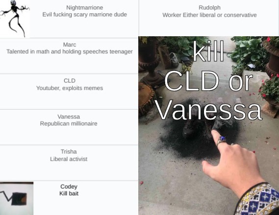 kill CLD or Vanessa | made w/ Imgflip meme maker