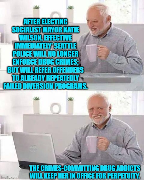 This IS one of the Left's plans for this nation. | AFTER ELECTING SOCIALIST MAYOR KATIE WILSON, EFFECTIVE IMMEDIATELY' SEATTLE POLICE WILL NO LONGER ENFORCE DRUG CRIMES; BUT WILL REFER OFFENDERS TO ALREADY REPEATEDLY FAILED DIVERSION PROGRAMS. THE CRIMES-COMMITTING DRUG ADDICTS WILL KEEP HER IN OFFICE FOR PERPETUITY. | image tagged in hide the pain harold | made w/ Imgflip meme maker