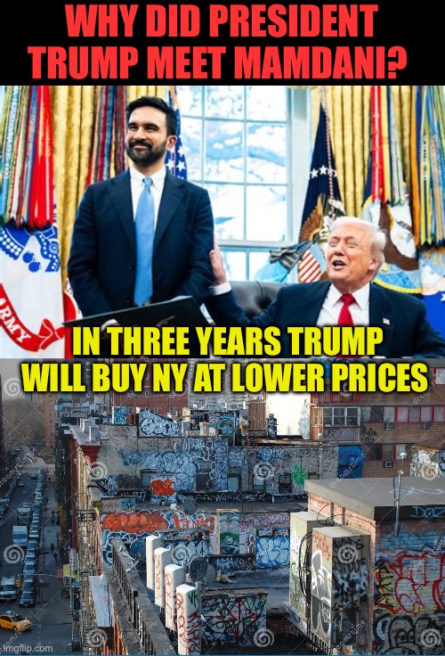 Democrat promises, very scary | WHY DID PRESIDENT TRUMP MEET MAMDANI? IN THREE YEARS TRUMP WILL BUY NY AT LOWER PRICES | image tagged in gifs,democratic socialism,new york city,mayor,president trump | made w/ Imgflip meme maker