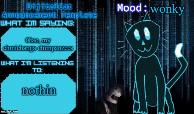DijitalCat's Announcement Template | wonky; Ciao, my chmichanga chimpanzees; nothin | image tagged in dijitalcat's announcement template | made w/ Imgflip meme maker