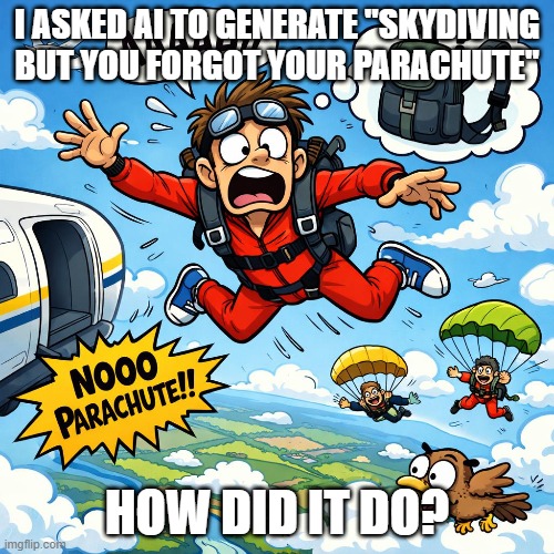 I ASKED AI TO GENERATE ''SKYDIVING BUT YOU FORGOT YOUR PARACHUTE''; HOW DID IT DO? | image tagged in fun | made w/ Imgflip meme maker
