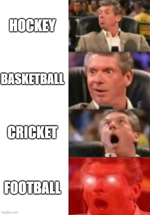 Mr. McMahon reaction | HOCKEY; BASKETBALL; CRICKET; FOOTBALL | image tagged in mr mcmahon reaction | made w/ Imgflip meme maker