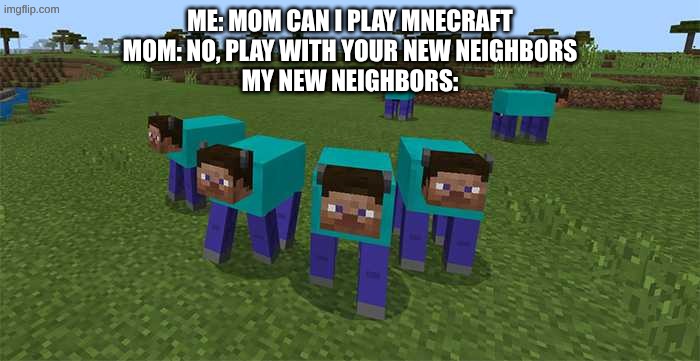 haha | ME: MOM CAN I PLAY MNECRAFT
MOM: NO, PLAY WITH YOUR NEW NEIGHBORS
MY NEW NEIGHBORS: | image tagged in me and the boys | made w/ Imgflip meme maker