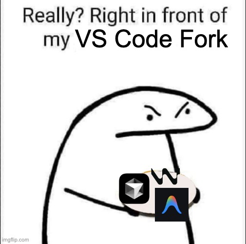 Right in front of my VS Code fork?? | VS Code Fork | image tagged in really right in front of my pancit | made w/ Imgflip meme maker