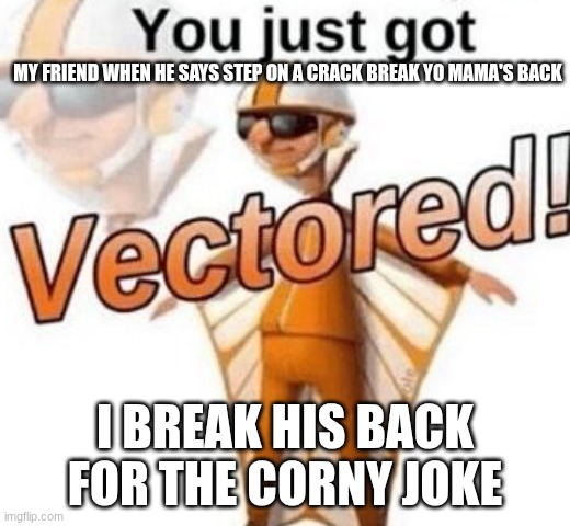 You just got vectored | MY FRIEND WHEN HE SAYS STEP ON A CRACK BREAK YO MAMA'S BACK; I BREAK HIS BACK FOR THE CORNY JOKE | image tagged in you just got vectored,funny | made w/ Imgflip meme maker