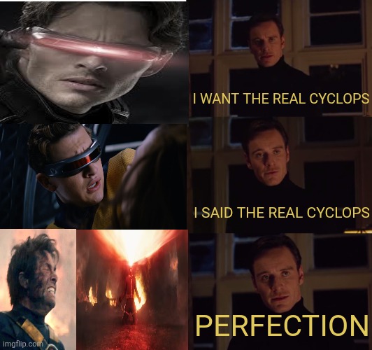 Avengers Doomsday X-Men meme | I WANT THE REAL CYCLOPS; I SAID THE REAL CYCLOPS; PERFECTION | image tagged in perfection,memes,funny,x-men,avengers doomsday,mcu | made w/ Imgflip meme maker