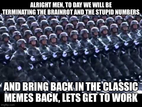 Army marching | ALRIGHT MEN, TO DAY WE WILL BE TERMINATING THE BRAINROT AND THE STUPID NUMBERS AND BRING BACK IN THE CLASSIC MEMES BACK, LETS GET TO WORK | image tagged in army marching | made w/ Imgflip meme maker
