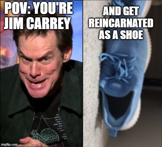 Jim Carrey Shoe | AND GET REINCARNATED AS A SHOE; POV: YOU'RE JIM CARREY | image tagged in shoes,jim carrey,they're the same picture | made w/ Imgflip meme maker
