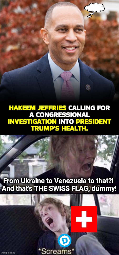 They'll wave every flag but the American flag | From Ukraine to Venezuela to that?! 
And that's THE SWISS FLAG, dummy! | image tagged in why can't you just be normal,memes,democrats,trump derangement syndrome,swiss flag,hakeem jeffries | made w/ Imgflip meme maker