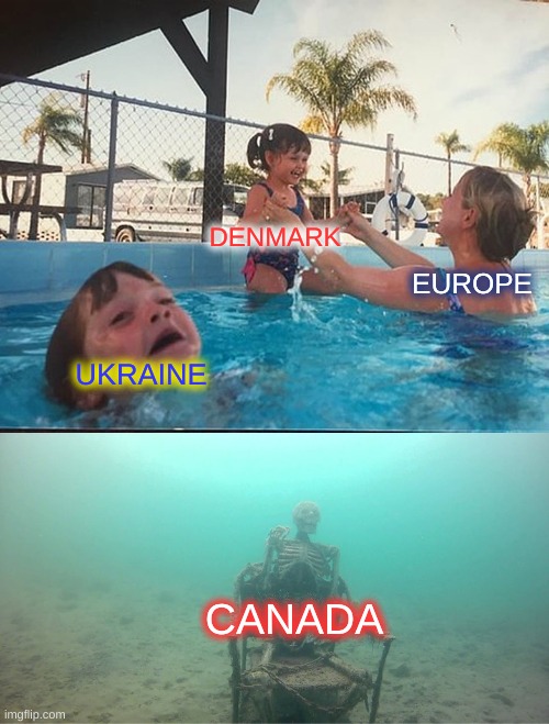 Global Affairs | DENMARK; EUROPE; UKRAINE; CANADA | image tagged in mother ignoring kid drowning in a pool,canada,denmark,ukraine,europe | made w/ Imgflip meme maker