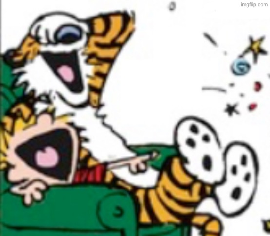 Calvin and Hobbes laugh | image tagged in calvin and hobbes laugh | made w/ Imgflip meme maker
