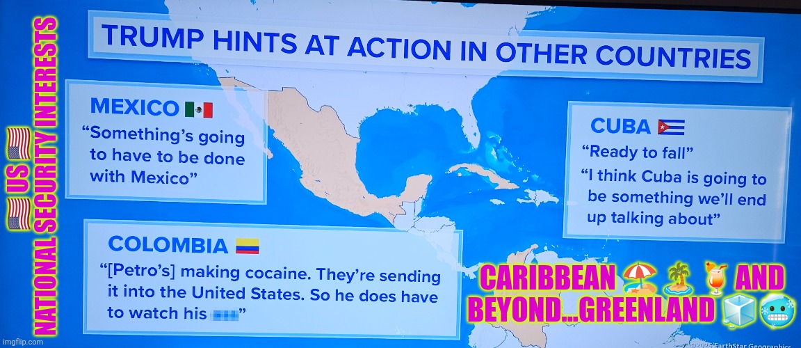 US National security interests: American hemisphere,  Caribbean and beyond...Greenland | 🇺🇸 US 🇺🇸 
NATIONAL SECURITY INTERESTS; CARIBBEAN 🏖🏝🍹AND BEYOND...GREENLAND 🧊🥶 | image tagged in national security,caribbean,greenland,us military,mexico,cuba | made w/ Imgflip meme maker