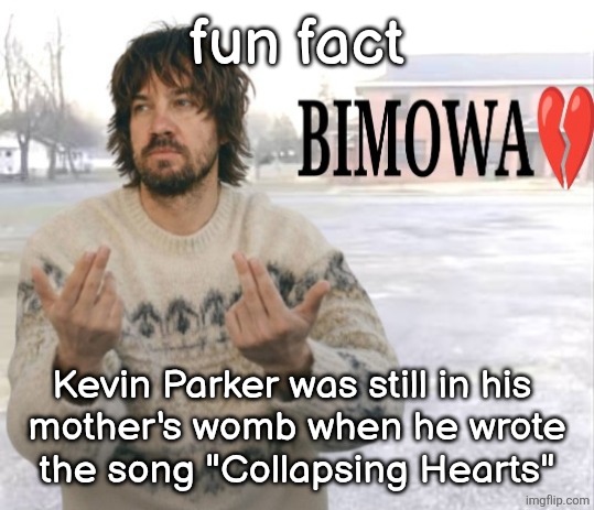 Kevin Parker bimowa | fun fact; Kevin Parker was still in his 
mother's womb when he wrote
the song "Collapsing Hearts" | image tagged in kevin parker bimowa | made w/ Imgflip meme maker
